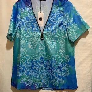 NORACORA TOP TURQUOISE ZIPPER NECKLINE COTTON SZ S